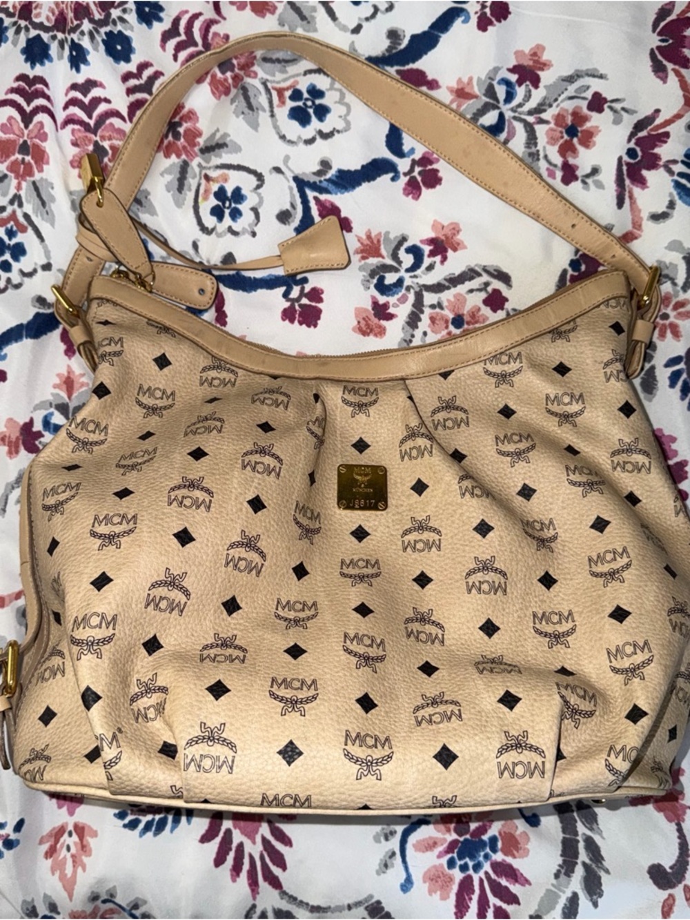 MCM Beige Visetos Logo Shoulder Bag with Gold Plaque
